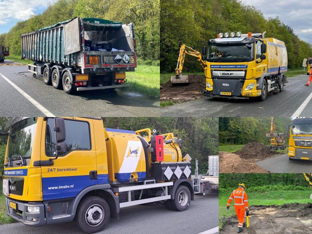 Collage ADR vaccuumwagen in gebruik bij incident met zure vloeistoffen op de A67 bij Eersel